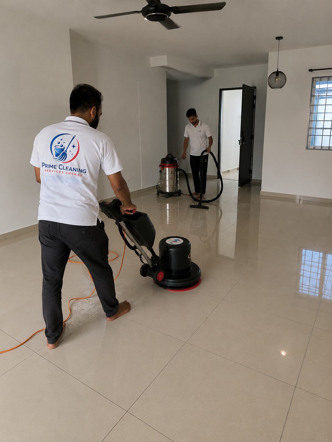 Prime cleaner deep cleaning a living room floor in Cheras